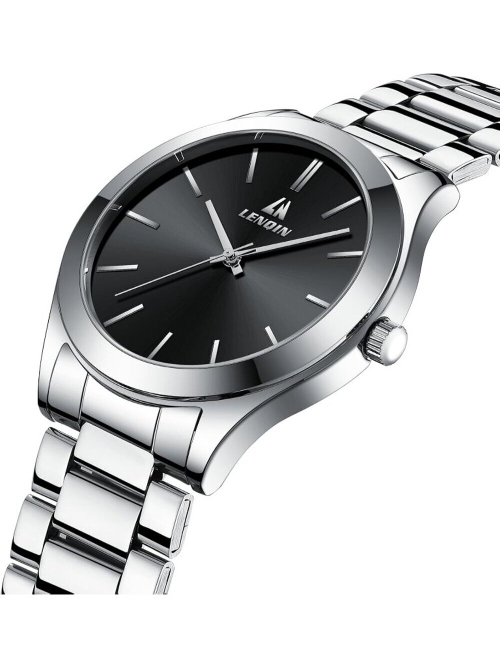 Men's Silver Black Classic Waterproof Stainless Steel Analog Quartz Luxury Watch - Picture 3 of 6